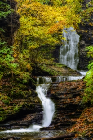 Deckertown falls  in New York surrounded by trees and plants with peak fall colors  A beautiful roadside waterfall in the village of Montour Falls New York の写真素材