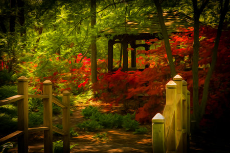 Beautiful manicured shade garden with a wooden bridge leading to a Gazebo surrounded by blooming rhododendron and azalea shrubs and trees and ferns  with oil painting effectの写真素材