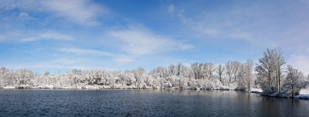 Beautiful winter snow scene with a  tree lined lake with snow clinging to the branches against a bright blue, puffy cloud  sky.の写真素材