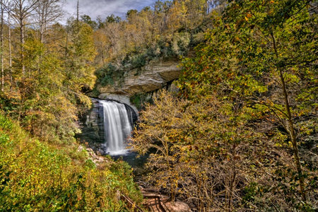 Looking Glass Falls is a scenic 60 foot waterfall in western North Carolina. Seen here in autumn.の写真素材