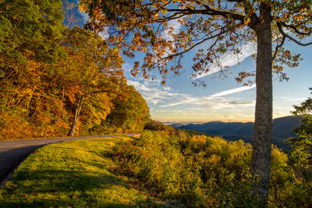 A beautiful autumn sunrise along the Blue Ridge Parway in North Carolina.の写真素材