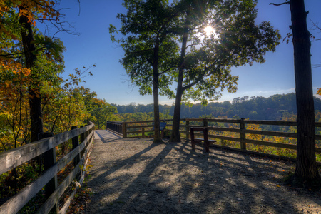 A beautiful autumn scene at the top of Fort Hill in the Rocky River Reservation that shows the vibrant colors of autumn trees and the boardwalk just at the top of the stairs.の写真素材