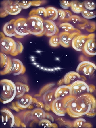 Smiling heart in the space made from shining stars and clouds with a smiling faces 2d raster abstract vertical high resolution illustrationの写真素材