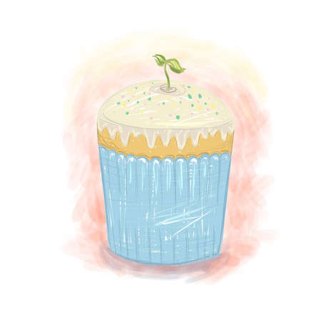 Cute blue, brown and white easter cake with a small green sprout on top on the white and pink background symbol of spring high resolution illustrationの写真素材