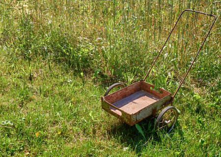 Rusty cart on the field of golden wheat under sunlight harvest season backgroundの写真素材
