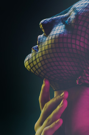 Creative make-up with mesh on girl face and floral decorations color backgroundの写真素材