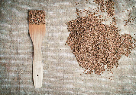 Raw and fresh buckwheat with wooden paddle lying on canvasの写真素材