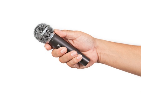 Hand with microphone isolated on white backgroundの写真素材