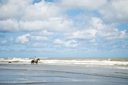 Horse riders Taking a nice stroll down the beachの写真素材