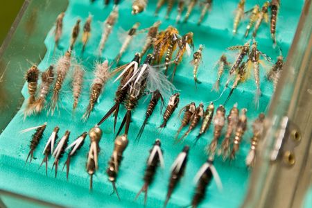 A close up of a fly fishermen's fly box opened