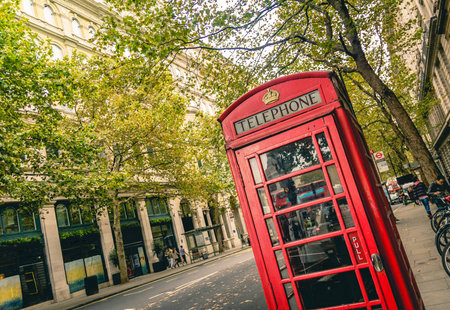 London - 14 October 2018 - British Red Telephone Box in London street, England, UKのeditorial素材