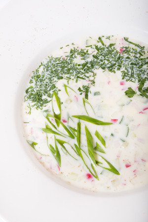 White summer cold cream soup with herbsの写真素材