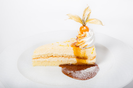 Cheese cake with berries and cream on a white plateの写真素材