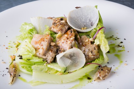 Chicken salad with lettuce and nuts served on a white plateの写真素材