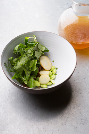 Fresh prepared vegetables soup ingredients with brothの写真素材