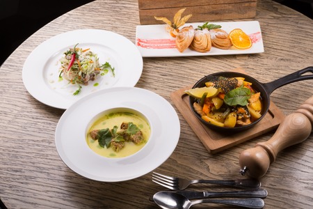 Lunch served in restaurant on a wooden table