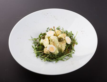 Elegant chicken salad with arugula and caperの写真素材