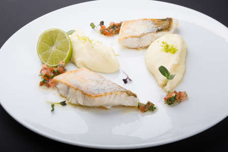 Fried white fish fillet with mashed potatoes