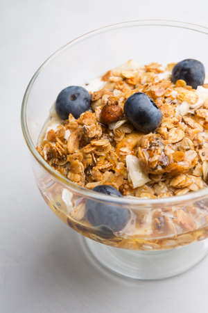 Bowl of granola oatmeal with bluberries and nuts