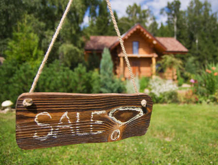 Wooden sign plate, home for sale, suburbsの写真素材