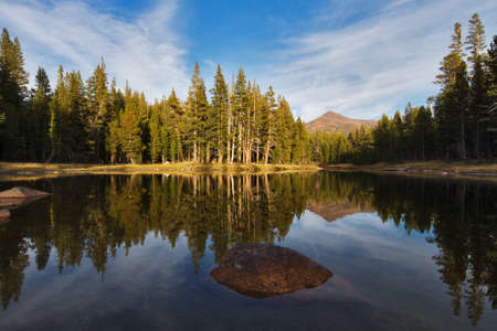 Sunset view on a small lake in Yosemite national park, California, USAの写真素材