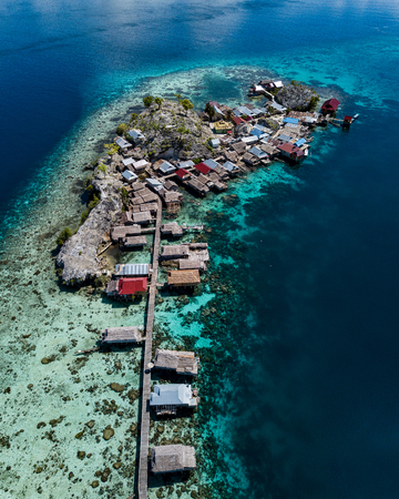 An aerial view of the bajo sea gypsy village of the Togian islands in Sulawesi, Indonesiaの写真素材