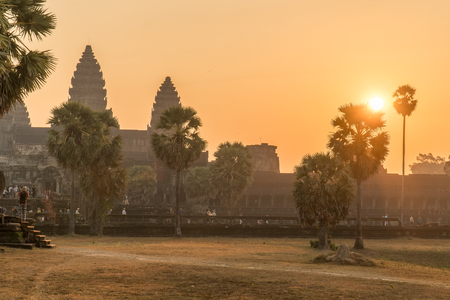 Sunrise view of the ancient Angkor Wat in Cambodiaの写真素材
