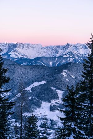 A snowy view between trees from a mountain top in Wagrain in Salzburg in Austria towards the HochkÃ¶nig mountain rangeの写真素材