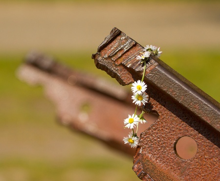 A flowerchain on a broken railtrackの写真素材