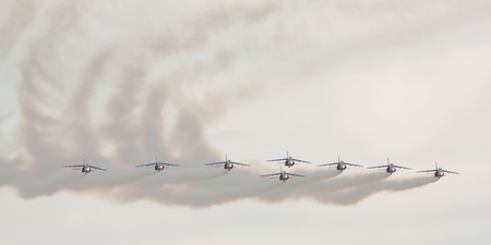 LEEUWARDEN,FRIESLAND,HOLLAND-SEPTEMBER 17:: The french Patrouille de France Display Team at the Dutch Airshow on September 17, 2011 at Leeuwarden Airfield, Friesland, Holland.のeditorial素材