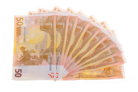 Some isolated 50 euro banknotes on a white backgroundのeditorial素材