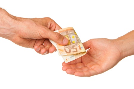 Man giving 50 euro to a woman, isolated on whiteの写真素材