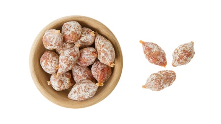 Close-up of salami of Italy in a wooden bowl, isolated on whiteの写真素材