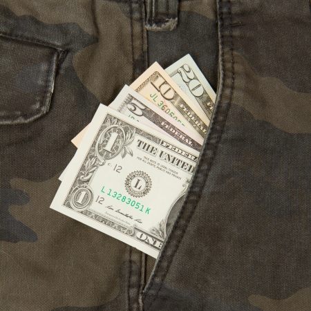 Macro shot of trendy jeans with american four different dollar bills on its pocketの写真素材