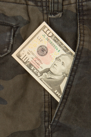 Macro shot of trendy jeans with american 10 dollar bill on its pocketの写真素材