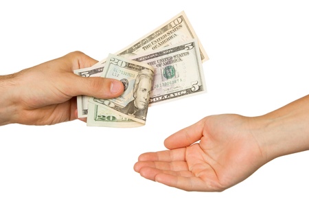 Transfer of money between man and woman, isolated on whiteの写真素材