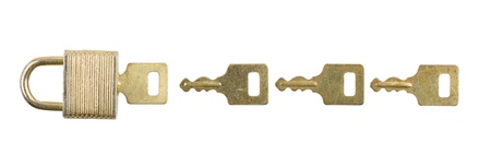 Closed padlock and keys isolated on white background