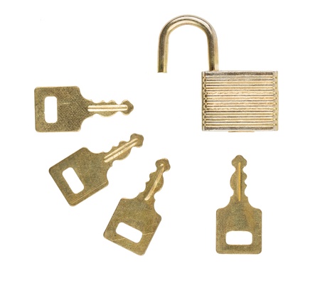 Opened padlock and keys isolated on white background