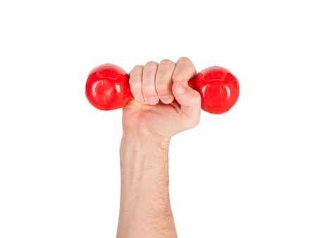Red dumbbells in the hands of a man, isolated on whiteの写真素材