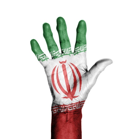 Hand of an old woman, wrapped with a pattern of the flag of Iran, isolated on whiteの写真素材