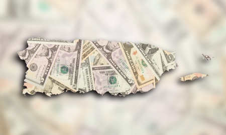 Map of Puerto Rico filled with US dollarsの写真素材