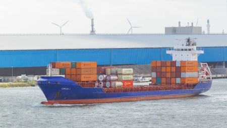 ROTTERDAM, THE NETHERLANDS - JUNE 22: Close-up of a containership, operated by a privately-owned company engaged in worldwide container transport in Rotterdam on June 22, 2012のeditorial素材