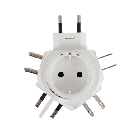 Five different power plugs in one, isolated on white background