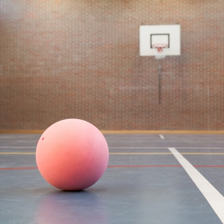 Pink ball on blue court at break time, school gymの写真素材