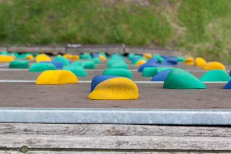 Outside climbing wall, view from the top, selective focusの写真素材