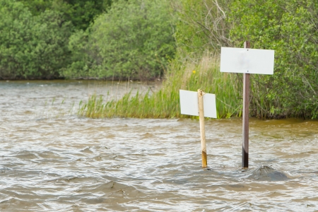 Blank sign standing at the shore of a lakeの写真素材