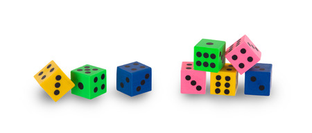 Eight colorfull pensil erasers in the shape of dice, isolated on whiteの写真素材