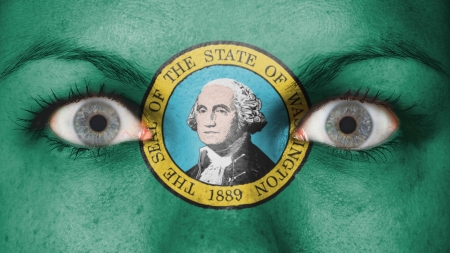 Close up of eyes. Painted face with flag of Washingtonの写真素材