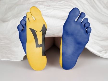 Feet with flag, sleeping or death concept, flag of Barbados