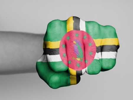 Fist of a man punching, flag of Dominicaの写真素材